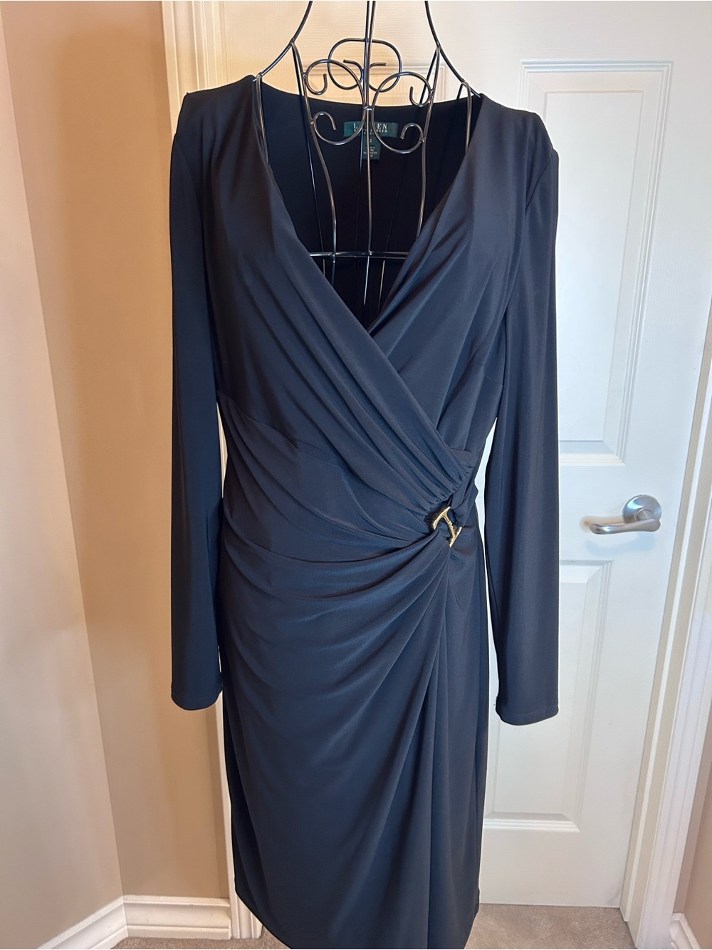 Classic Black Long-Sleeve Wrap Dress with Buckle Detail. Ralph Lauren size 12